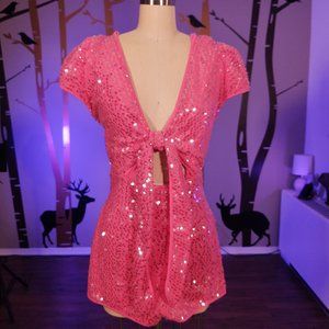 NEVER WORN Dolls Kill Glitzy Glam Sequin Romper Pink Tie Front Cap Sleeves Mesh